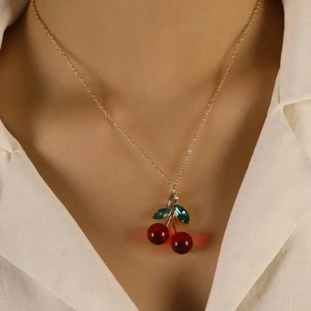 Shiny red cherries green leaves gold chain necklace spring summer Christmas